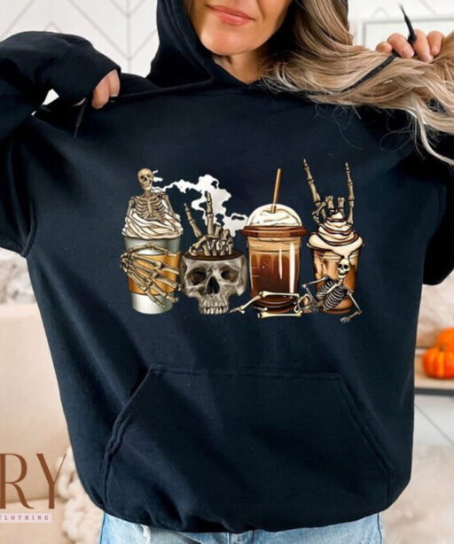 Fall Coffee Sweatshirt, Halloween Skeleton Sweatshirt, Halloween Coffee Sweatshirt, Halloween Crewneck, Pumpkin Skeleton Shirt