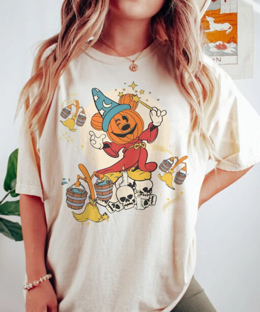 Fantasia Disney Halloween Shirt,Sorcerer Mickey Pumpkin Magic Broom Silly Symphony Skeleton Sweatshirt,Mickey's Not So Scary Halloween Party