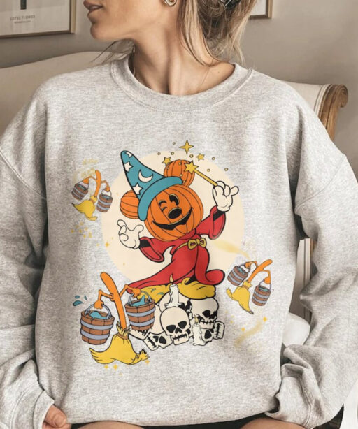 Fantasia Disney Halloween Shirt,Sorcerer Mickey Pumpkin Magic Broom Silly Symphony Skeleton Sweatshirt,Mickey's Not So Scary Halloween Party