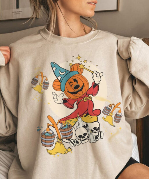 Fantasia Disney Halloween Shirt,Sorcerer Mickey Pumpkin Magic Broom Silly Symphony Skeleton Sweatshirt,Mickey's Not So Scary Halloween Party