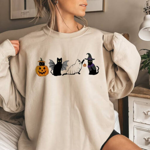 Ghost Cat Halloween Sweatshirt, Halloween Black Cat Comfort Color Shirt, Cat Murder lover Halloween Unisex TShirt, Funny Cats & Pumpkins Tee