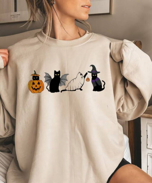 Ghost Cat Halloween Sweatshirt, Halloween Black Cat Comfort Color Shirt, Cat Murder lover Halloween Unisex TShirt, Funny Cats & Pumpkins Tee