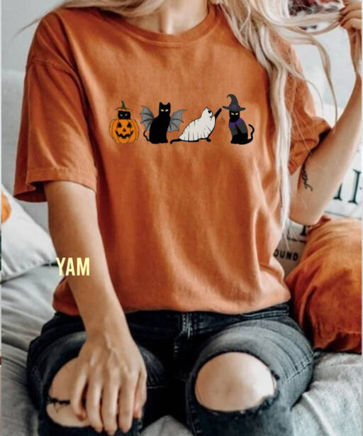 Ghost Cat Halloween Sweatshirt, Halloween Black Cat Comfort Color Shirt, Cat Murder lover Halloween Unisex TShirt, Funny Cats & Pumpkins Tee