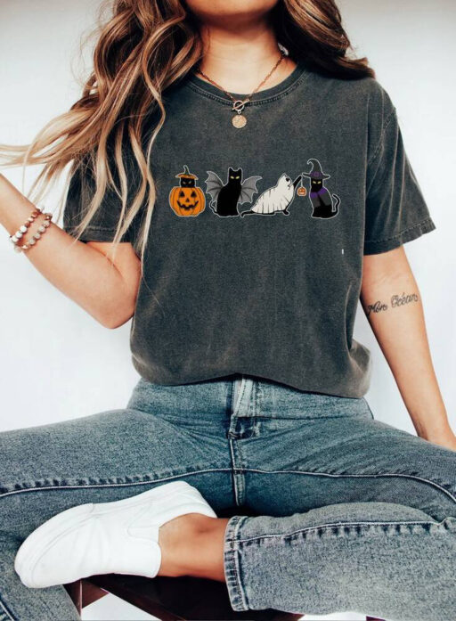 Ghost Cat Halloween Sweatshirt, Halloween Black Cat Comfort Color Shirt, Cat Murder lover Halloween Unisex TShirt, Funny Cats & Pumpkins Tee
