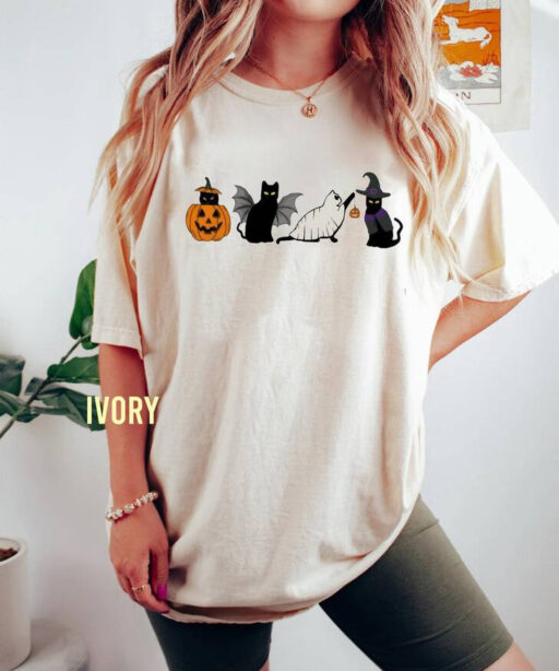 Ghost Cat Halloween Sweatshirt, Halloween Black Cat Comfort Color Shirt, Cat Murder lover Halloween Unisex TShirt, Funny Cats & Pumpkins Tee