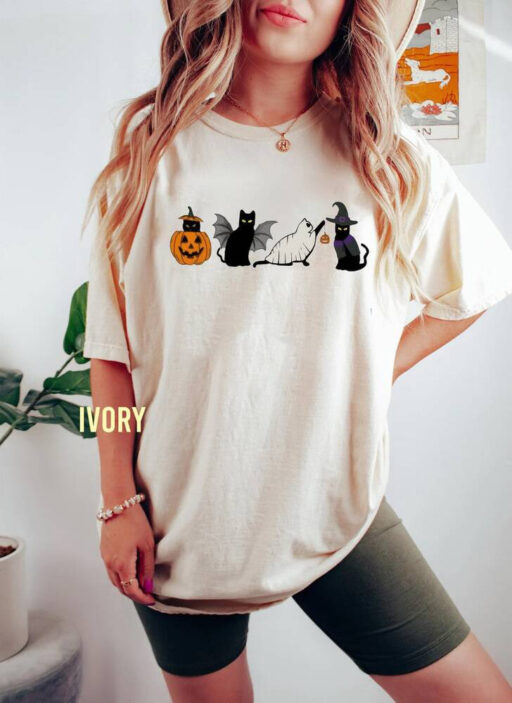 Ghost Cat Halloween Sweatshirt, Halloween Black Cat Comfort Color Shirt, Cat Murder lover Halloween Unisex TShirt, Funny Cats & Pumpkins Tee