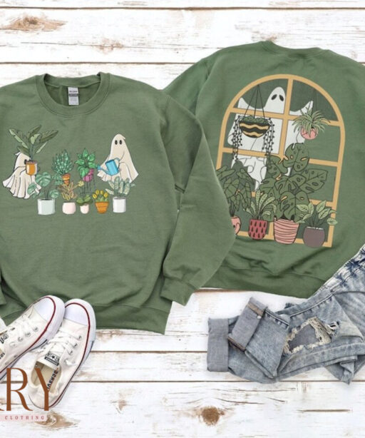 Ghost Plant Lady Two Sides Sweatshirt, Halloween Plants Crewneck, Plant Lover Gift, Halloween Mom Sweater, Spooky Gardener Hoodie