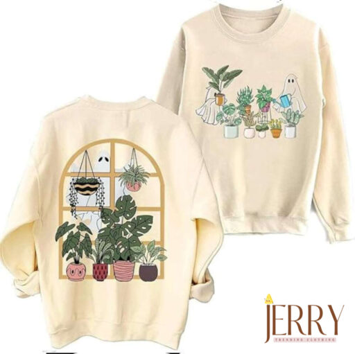 Ghost Plant Lady Two Sides Sweatshirt, Halloween Plants Crewneck, Plant Lover Gift, Halloween Mom Sweater, Spooky Gardener Hoodie