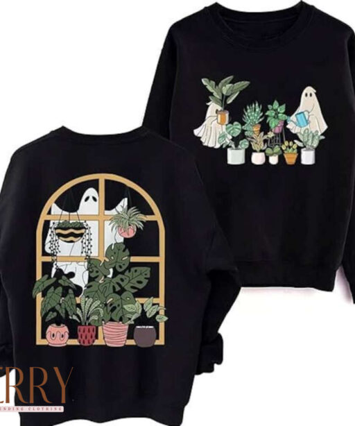 Ghost Plant Lady Two Sides Sweatshirt, Halloween Plants Crewneck, Plant Lover Gift, Halloween Mom Sweater, Spooky Gardener Hoodie