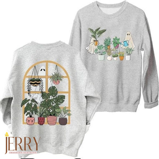 Ghost Plant Lady Two Sides Sweatshirt, Halloween Plants Crewneck, Plant Lover Gift, Halloween Mom Sweater, Spooky Gardener Hoodie