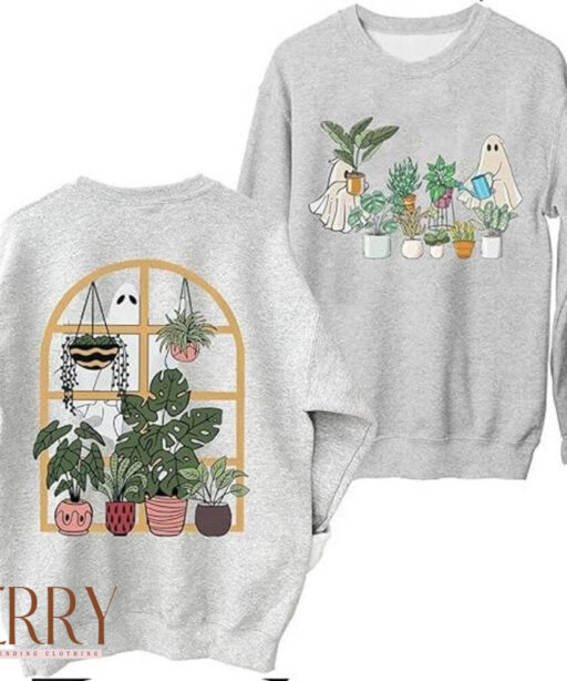 Ghost Plant Lady Two Sides Sweatshirt, Halloween Plants Crewneck, Plant Lover Gift, Halloween Mom Sweater, Spooky Gardener Hoodie