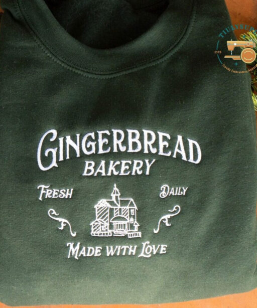 Gingerbread Bakery Embroidered Crewneck Sweatshirt, Fresh Daily, Made with Love Cookies Cake Trendy Gift Vintage Sweatshirt Merry Christmas