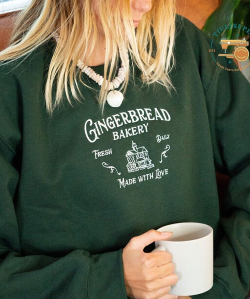 Gingerbread Bakery Embroidered Crewneck Sweatshirt, Fresh Daily, Made with Love Cookies Cake Trendy Gift Vintage Sweatshirt Merry Christmas