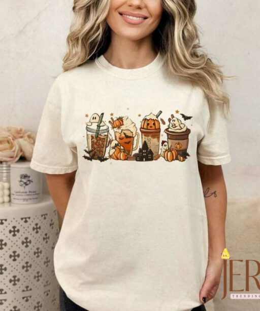 Halloween Coffee Latte Comfort T-Shirt, Cute Scary Boo Ghost Pumpkin Spice Shirt, Fall Sweater, Halloween Shirt, Spooky Season, Coffee Lover