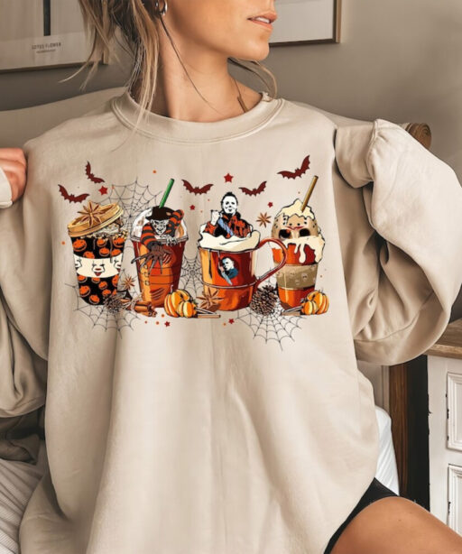 Halloween Horror Movies Coffee Cups Sweatshirt, Skeleton Coffee Cups Sweatshirt, Skeleton Halloween Comfort Color, Coffee Lover Sweatshirt