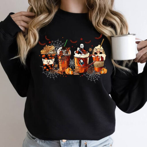 Halloween Horror Movies Coffee Cups Sweatshirt, Skeleton Coffee Cups Sweatshirt, Skeleton Halloween Comfort Color, Coffee Lover Sweatshirt