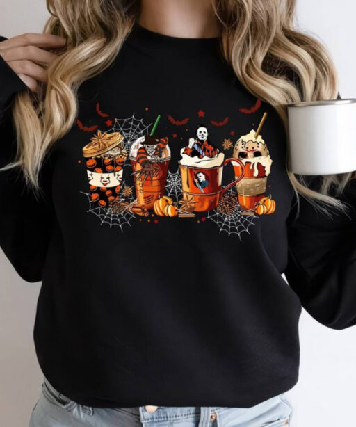 Halloween Horror Movies Coffee Cups Sweatshirt, Skeleton Coffee Cups Sweatshirt, Skeleton Halloween Comfort Color, Coffee Lover Sweatshirt