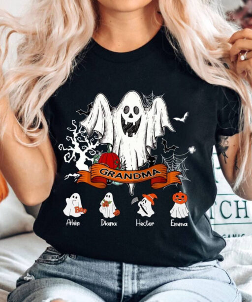 Halloween Shirt For Grandma, Custom Grandkids Name Halloween Shirt, Halloween Shirt With Grandchildren Name, Halloween Family Ghost Shirt