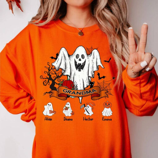 Halloween Shirt For Grandma, Custom Grandkids Name Halloween Shirt, Halloween Shirt With Grandchildren Name, Halloween Family Ghost Shirt