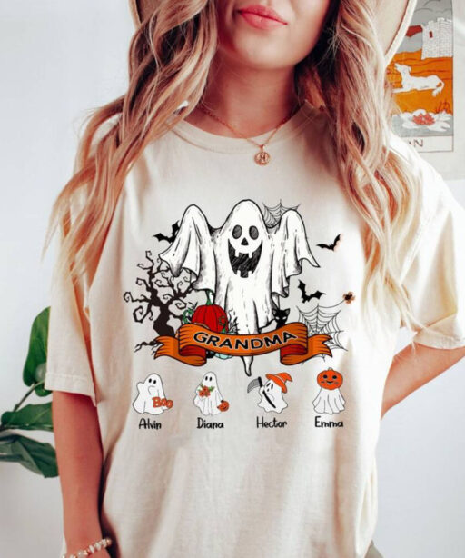 Halloween Shirt For Grandma, Custom Grandkids Name Halloween Shirt, Halloween Shirt With Grandchildren Name, Halloween Family Ghost Shirt