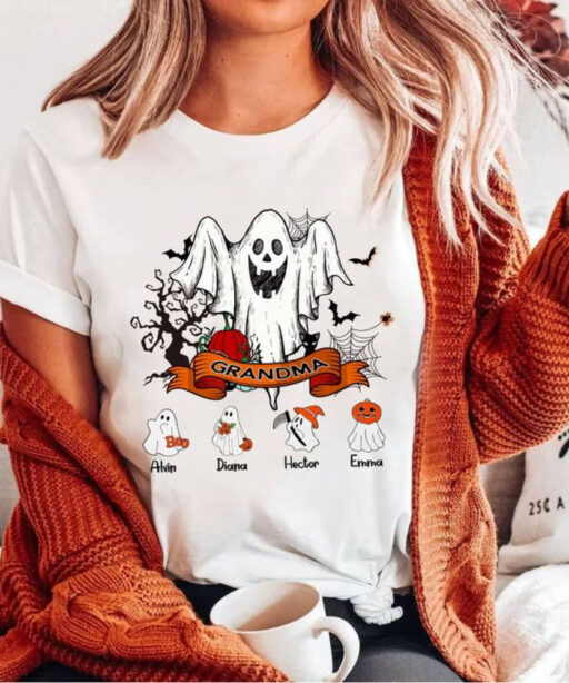 Halloween Shirt For Grandma, Custom Grandkids Name Halloween Shirt, Halloween Shirt With Grandchildren Name, Halloween Family Ghost Shirt