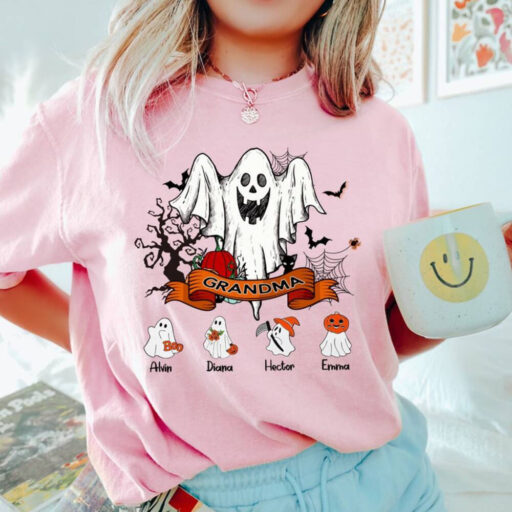Halloween Shirt For Grandma, Custom Grandkids Name Halloween Shirt, Halloween Shirt With Grandchildren Name, Halloween Family Ghost Shirt