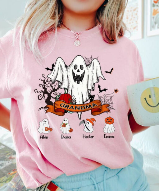 Halloween Shirt For Grandma, Custom Grandkids Name Halloween Shirt, Halloween Shirt With Grandchildren Name, Halloween Family Ghost Shirt