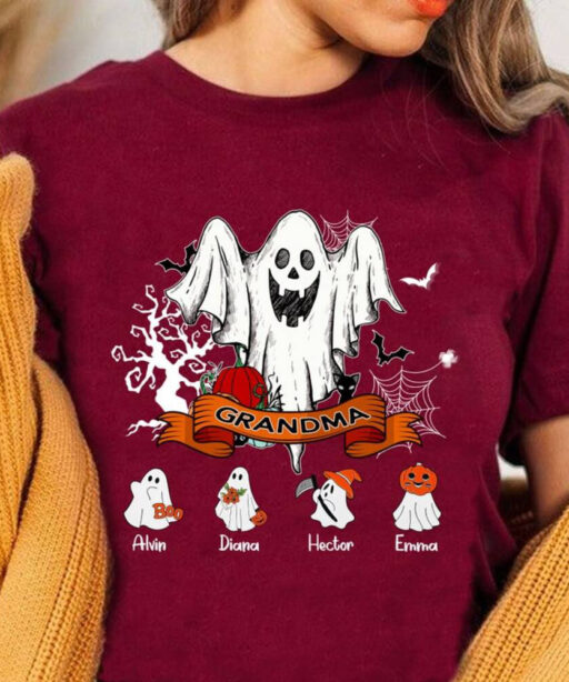 Halloween Shirt For Grandma, Custom Grandkids Name Halloween Shirt, Halloween Shirt With Grandchildren Name, Halloween Family Ghost Shirt