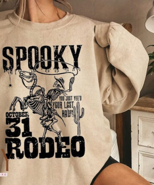 Halloween Spooky Cowboy Sweatshirt, Halloween Skeleton Sweatshirt, Rodeo Western Sweatshirt, Halloween Cowboy Shirt, Halloween Cow Tee