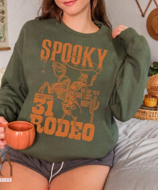 Halloween Spooky Cowboy Sweatshirt, Halloween Skeleton Sweatshirt, Rodeo Western Sweatshirt, Halloween Cowboy Shirt, Halloween Cow Tee