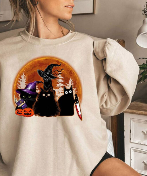 Halloween Sweatshirt, Black Cat Halloween Shirt, Cat Halloween Sweatshirt, Black Cat Shirt, Trick Or Treat Shirt, Fall Sweatshirt for Women