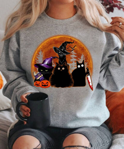 Halloween Sweatshirt, Black Cat Halloween Shirt, Cat Halloween Sweatshirt, Black Cat Shirt, Trick Or Treat Shirt, Fall Sweatshirt for Women