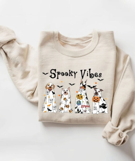 Halloween Sweatshirt, Halloween Sweater, Ghost Sweatshirt, Halloween Dog Sweatshirt,Ghost Dog Shirt,2023 Happy Halloween,Retro Spooky Season