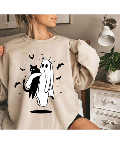 Halloween Sweatshirt, Halloween Sweatshirt of a Ghost holding a black cat, Ghost Cat Sweatshirt, Black Cat Shirt,2023 Spooky Seas, Cat Lover
