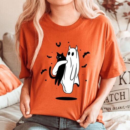 Halloween Sweatshirt, Halloween Sweatshirt of a Ghost holding a black cat, Ghost Cat Sweatshirt, Black Cat Shirt,2023 Spooky Seas, Cat Lover