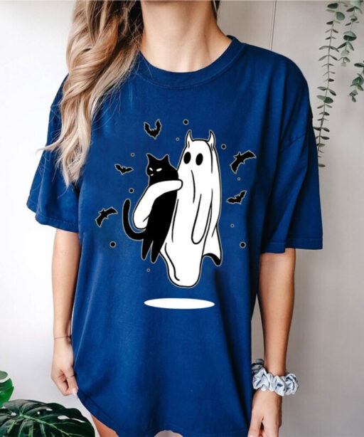 Halloween Sweatshirt, Halloween Sweatshirt of a Ghost holding a black cat, Ghost Cat Sweatshirt, Black Cat Shirt,2023 Spooky Seas, Cat Lover