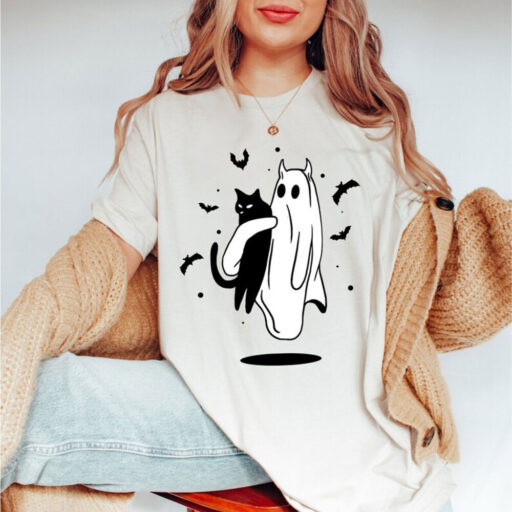 Halloween Sweatshirt, Halloween Sweatshirt of a Ghost holding a black cat, Ghost Cat Sweatshirt, Black Cat Shirt,2023 Spooky Seas, Cat Lover