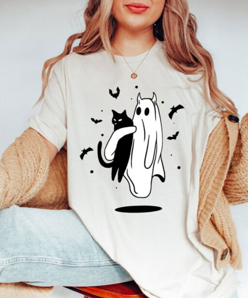 Halloween Sweatshirt, Halloween Sweatshirt of a Ghost holding a black cat, Ghost Cat Sweatshirt, Black Cat Shirt,2023 Spooky Seas, Cat Lover