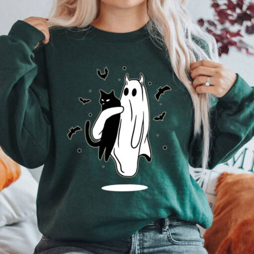 Halloween Sweatshirt, Halloween Sweatshirt of a Ghost holding a black cat, Ghost Cat Sweatshirt, Black Cat Shirt,2023 Spooky Seas, Cat Lover