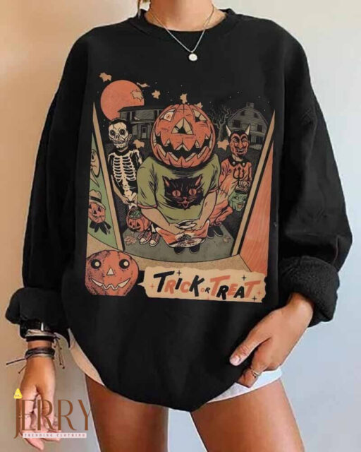 Halloween Trick or Treat Vintage Sweatshirt, Halloween Women Top, Halloween Sweatshirt Pumpkin Cat, Pumpkin Spice Sweatshirt, Swoosh Sweater