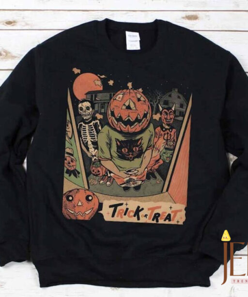 Halloween Trick or Treat Vintage Sweatshirt, Halloween Women Top, Halloween Sweatshirt Pumpkin Cat, Pumpkin Spice Sweatshirt, Swoosh Sweater