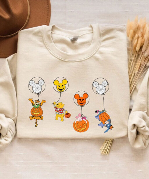 Halloween Winnie The Pooh And Friend Shirt, Halloween Disney Characters Skeleton Shirt, Disney Mickey Balloon Skeleton Tee, Disney Halloween