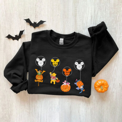 Halloween Winnie The Pooh And Friend Shirt, Halloween Disney Characters Skeleton Shirt, Disney Mickey Balloon Skeleton Tee, Disney Halloween