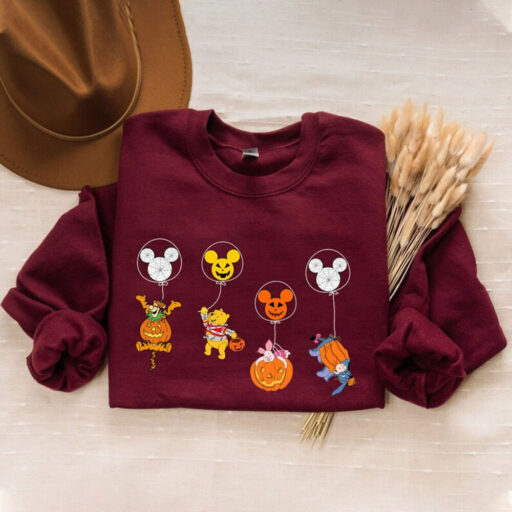 Halloween Winnie The Pooh And Friend Shirt, Halloween Disney Characters Skeleton Shirt, Disney Mickey Balloon Skeleton Tee, Disney Halloween