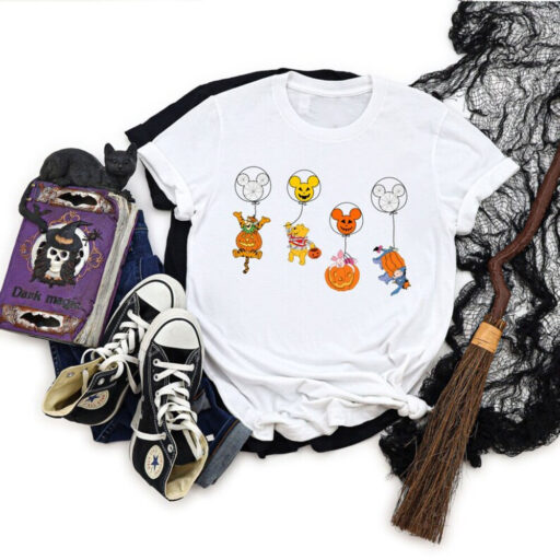 Halloween Winnie The Pooh And Friend Shirt, Halloween Disney Characters Skeleton Shirt, Disney Mickey Balloon Skeleton Tee, Disney Halloween
