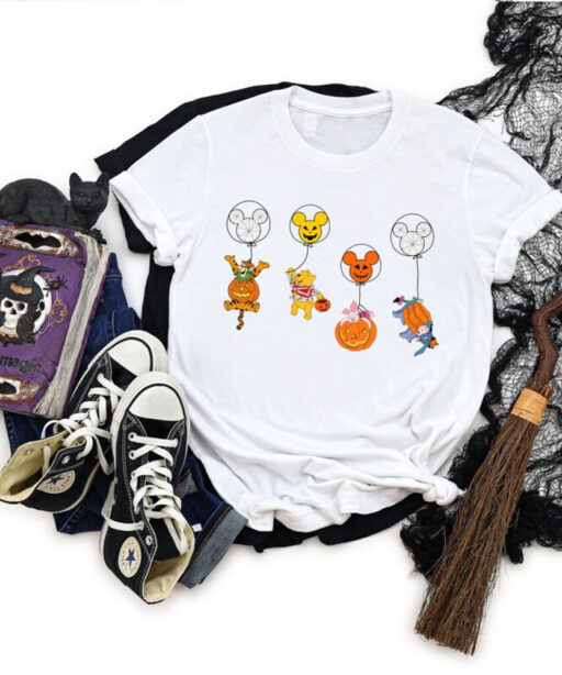 Halloween Winnie The Pooh And Friend Shirt, Halloween Disney Characters Skeleton Shirt, Disney Mickey Balloon Skeleton Tee, Disney Halloween