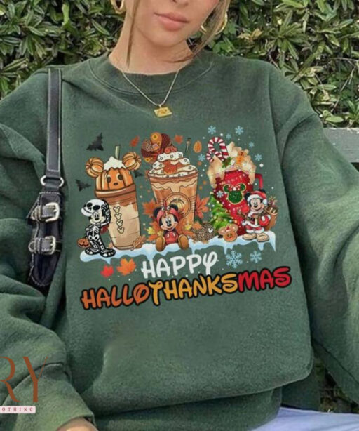 Happy HalloThanksMas Sweatshirt, Mickey Halloween Sweatshirt, Disney Coffee Halloween Thanksgiving Christmas Sweatshirt, Mickey Thanksgiving