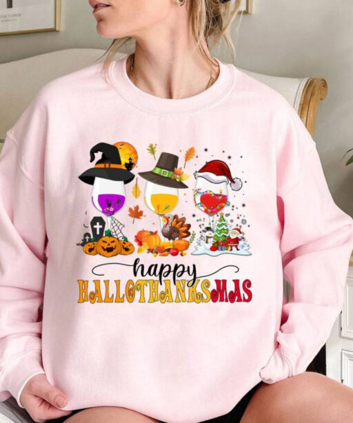 Happy Hallo Thanksmas Wine Shirt, Halloween Wine Glasses Shirt, Fall Wine Drinking Shirt, Happy Halloween Shirt, Hallo Thanksmas Shirt, Fall