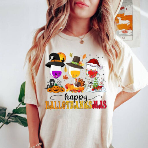 Happy Hallo Thanksmas Wine Shirt, Halloween Wine Glasses Shirt, Fall Wine Drinking Shirt, Happy Halloween Shirt, Hallo Thanksmas Shirt, Fall