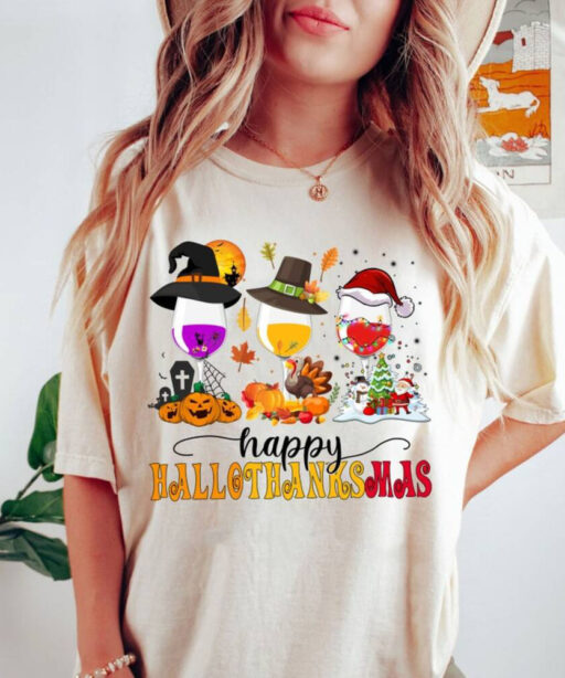 Happy Hallo Thanksmas Wine Shirt, Halloween Wine Glasses Shirt, Fall Wine Drinking Shirt, Happy Halloween Shirt, Hallo Thanksmas Shirt, Fall